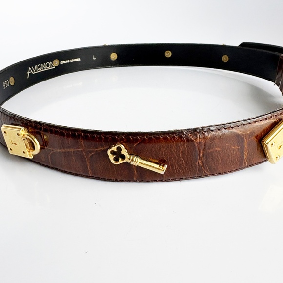 Avignon Leather Belt Croc Stamp Leather Lock & Key Motif Retro Vintage Size L main image 10